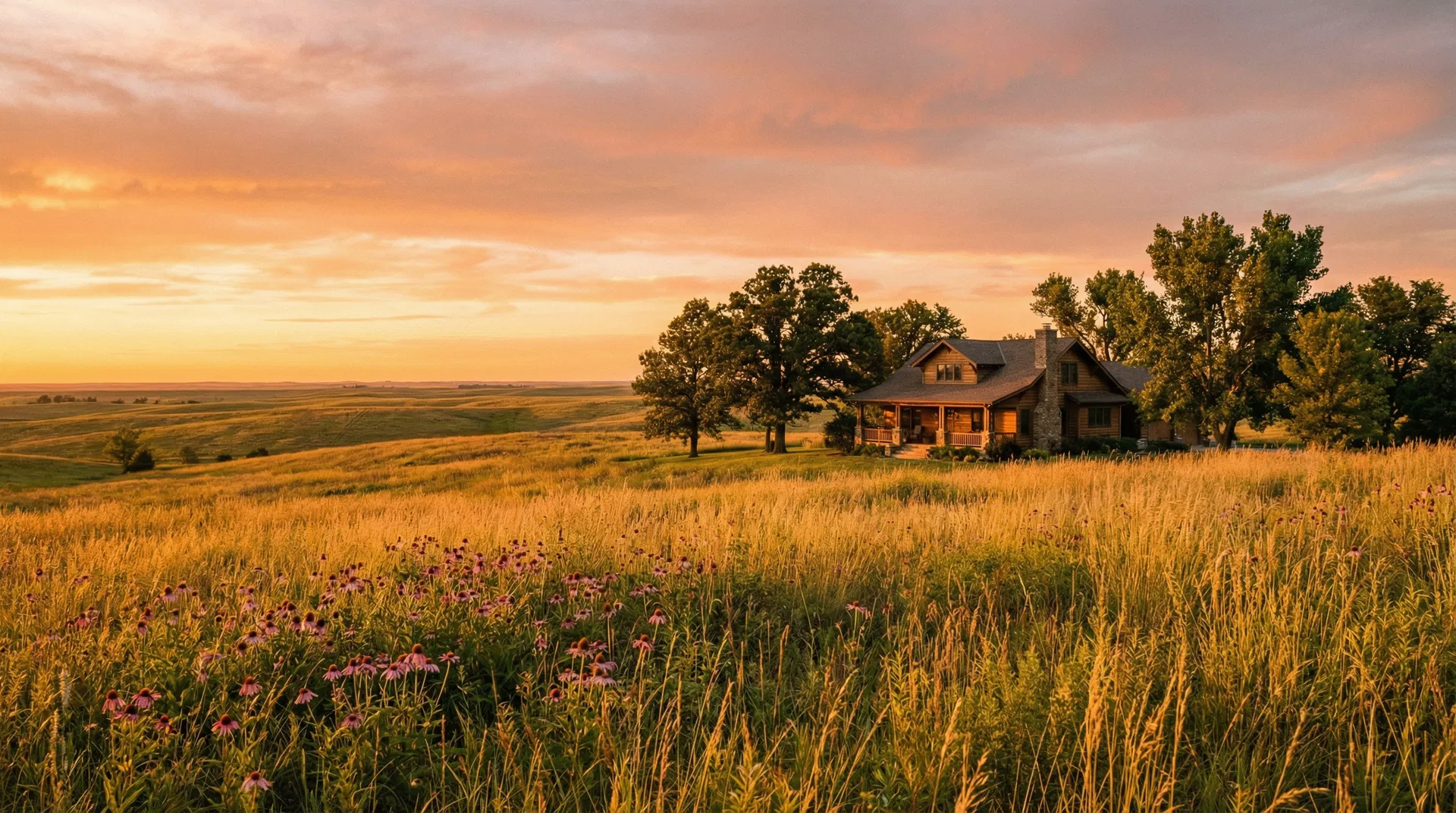 Kansas tallgrass prairie at golden hour