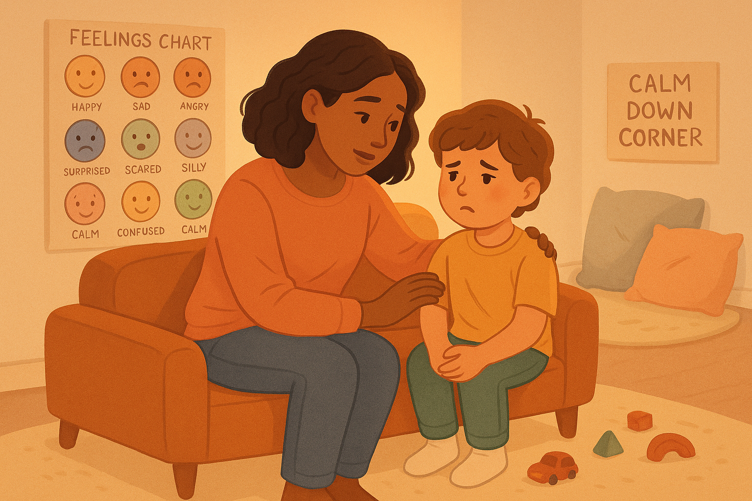 A warm scene of a mother and child having a heart-to-heart conversation on a cozy couch, with a feelings chart and calm-down corner visible in the background