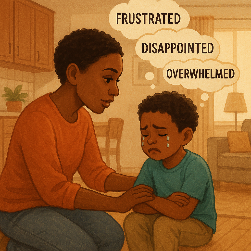 A parent practicing emotion coaching by kneeling down to their child's eye level, showing empathy and understanding while the child expresses big emotions