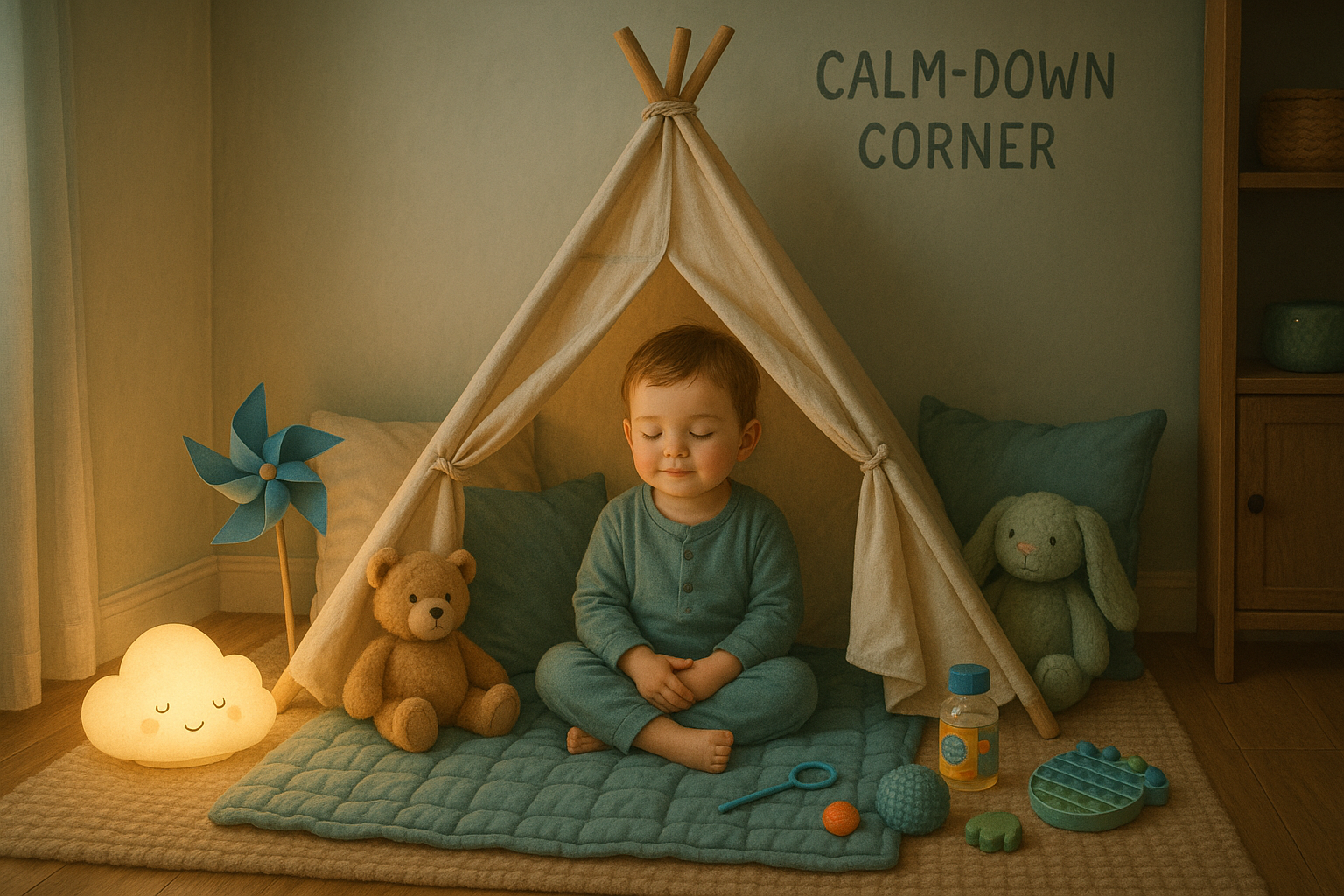 A cozy calm-down corner with a small tent, soft pillows, stuffed animals, and calming tools like bubbles and sensory toys - showing exactly what this safe space can look like