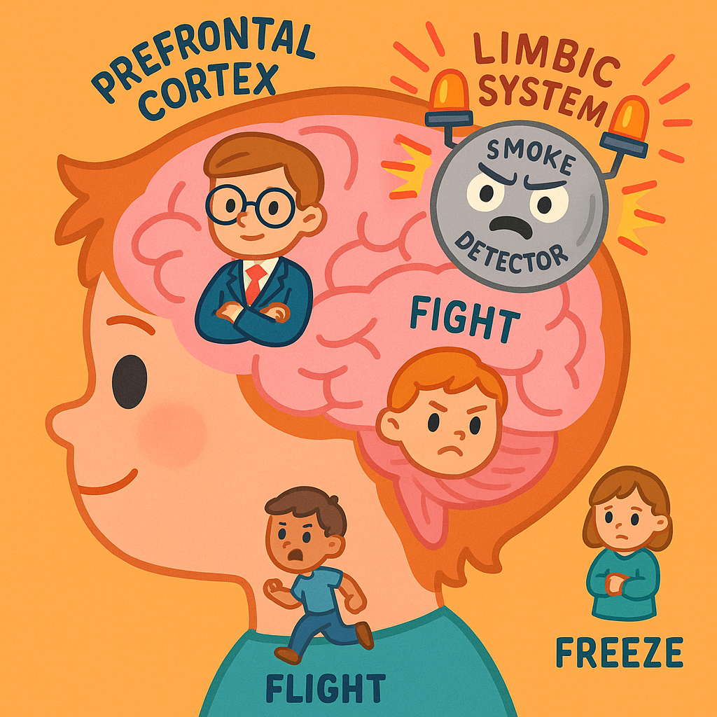 A fun, educational illustration of a child's brain showing the prefrontal cortex as a young CEO and the limbic system as an overactive smoke detector, with examples of fight, flight, and freeze responses