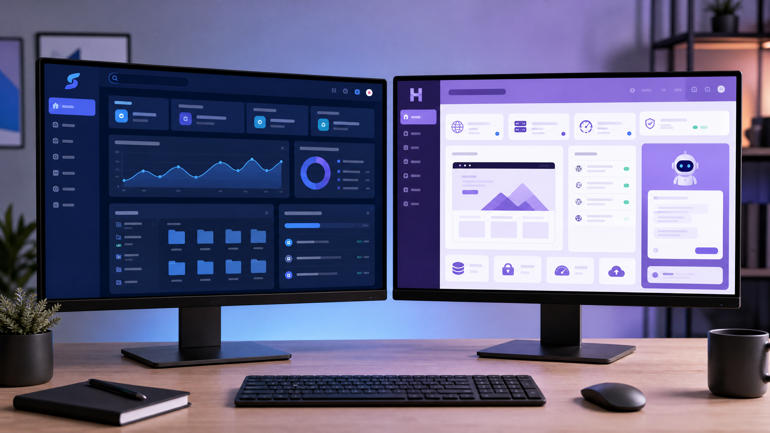 Scala Hosting vs Hostinger (2026): Which Is Better? 4 Two computer monitors displaying different web hosting control panels.