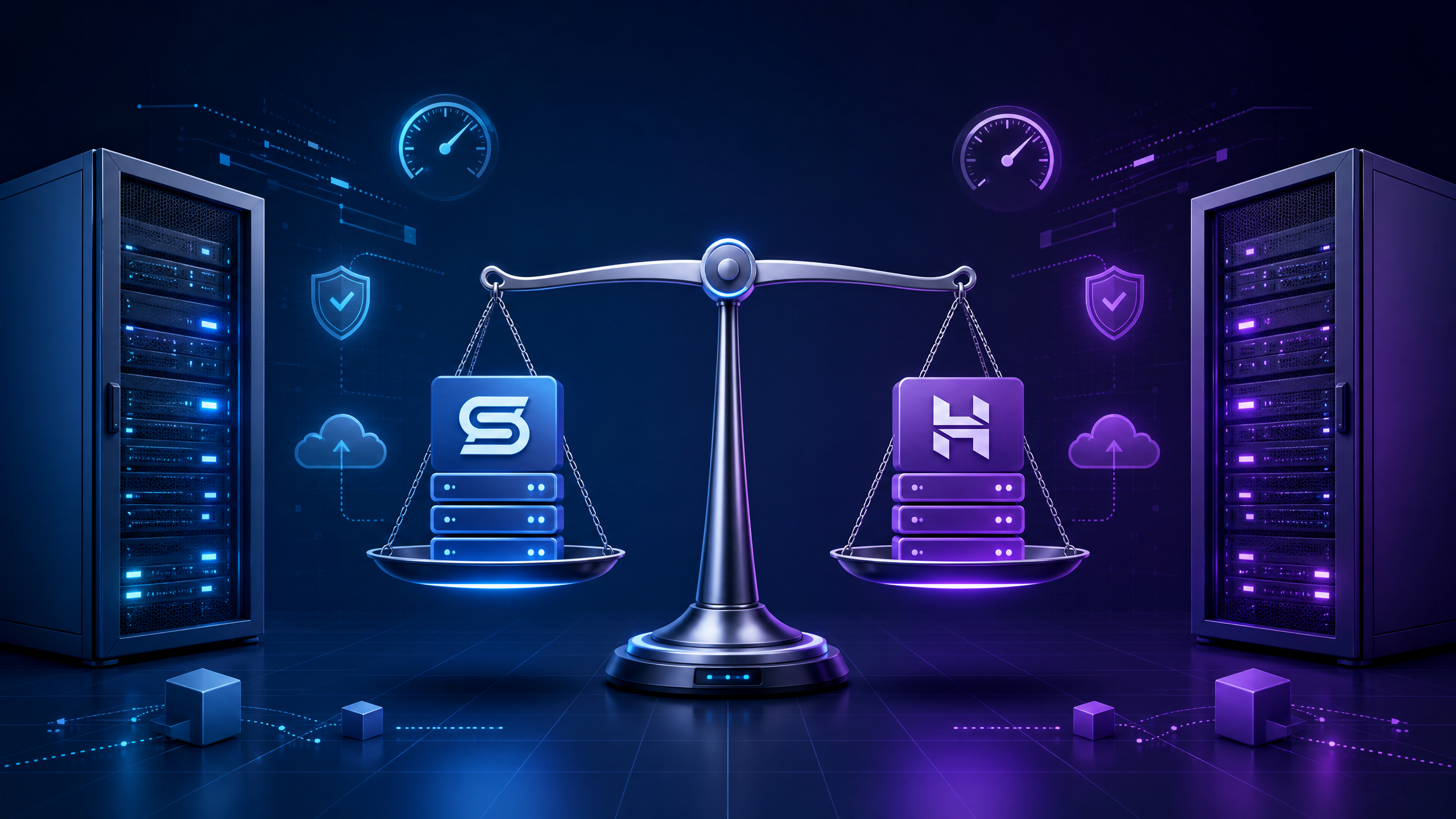 Scala Hosting vs Hostinger (2026): Which Is Better? 2 A professional web hosting comparison concept art showing a balance scale between two server racks.