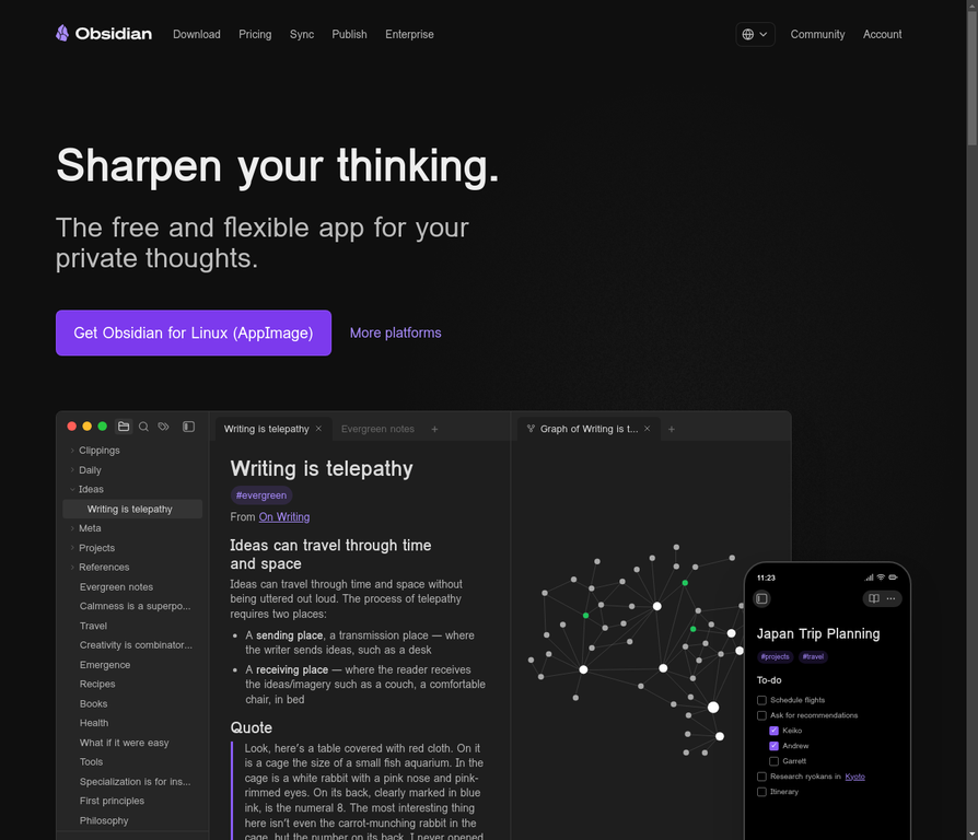 Obsidian 主界面,左侧为文件树,右侧为编辑器和图谱视图