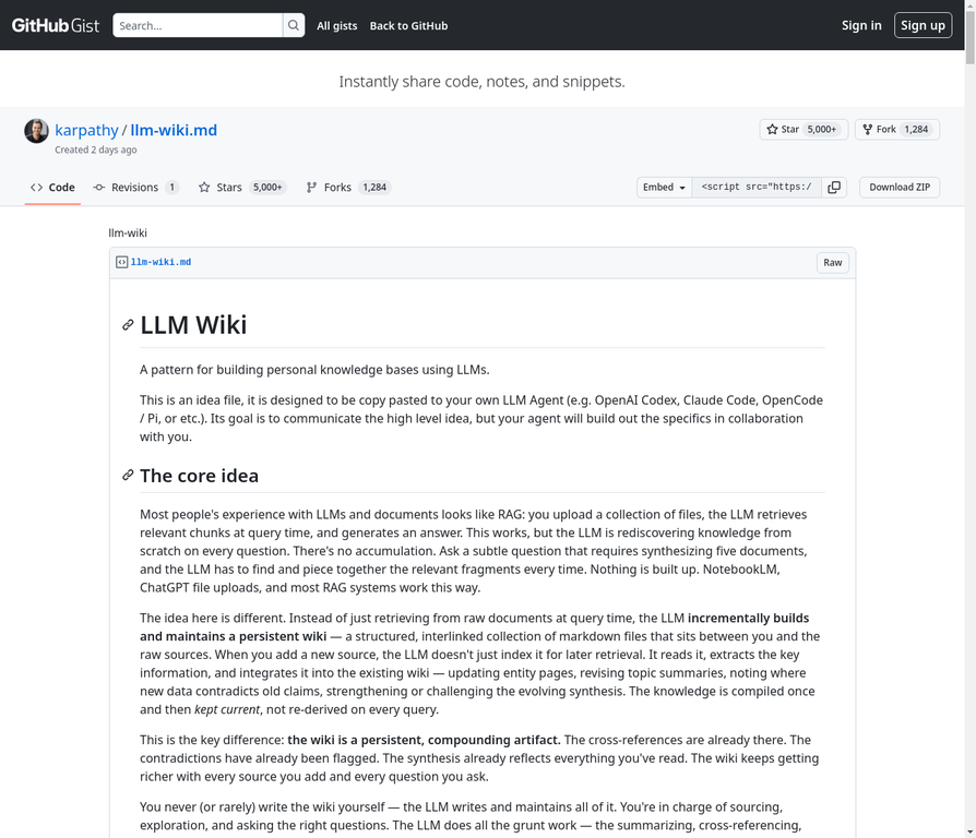 Karpathy 原文 Gist,已获 5000+ Star