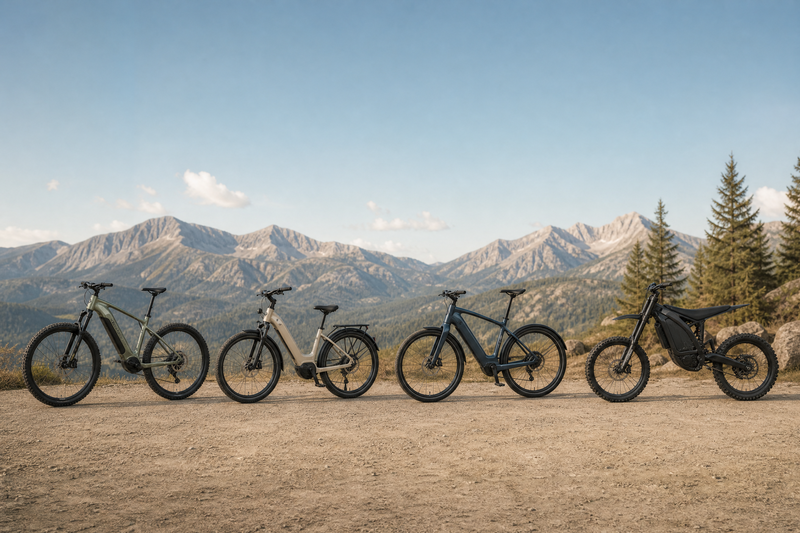 Four carefully proportioned side-view electric two-wheelers in a clean editorial illustration: a pedal-assist commuter, a throttle-equipped e-bike, a fast Class 3-style urban e-bike, and a visibly heavier electric dirt-bike-style e-moto. No text or logos; generous white space for a caption.