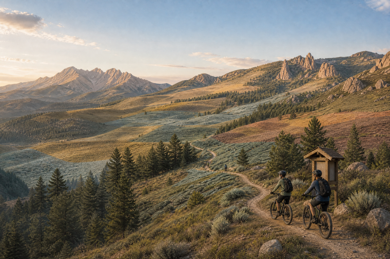 A painterly, map-inspired editorial image of a Colorado mountain trail network: singletrack winding through public land, a small trailhead sign, subtle layers suggesting federal, state, county, city, and park jurisdictions. No readable text, logos, or precise geographic claims; horizontal layout with a calm warm-to-cool palette.