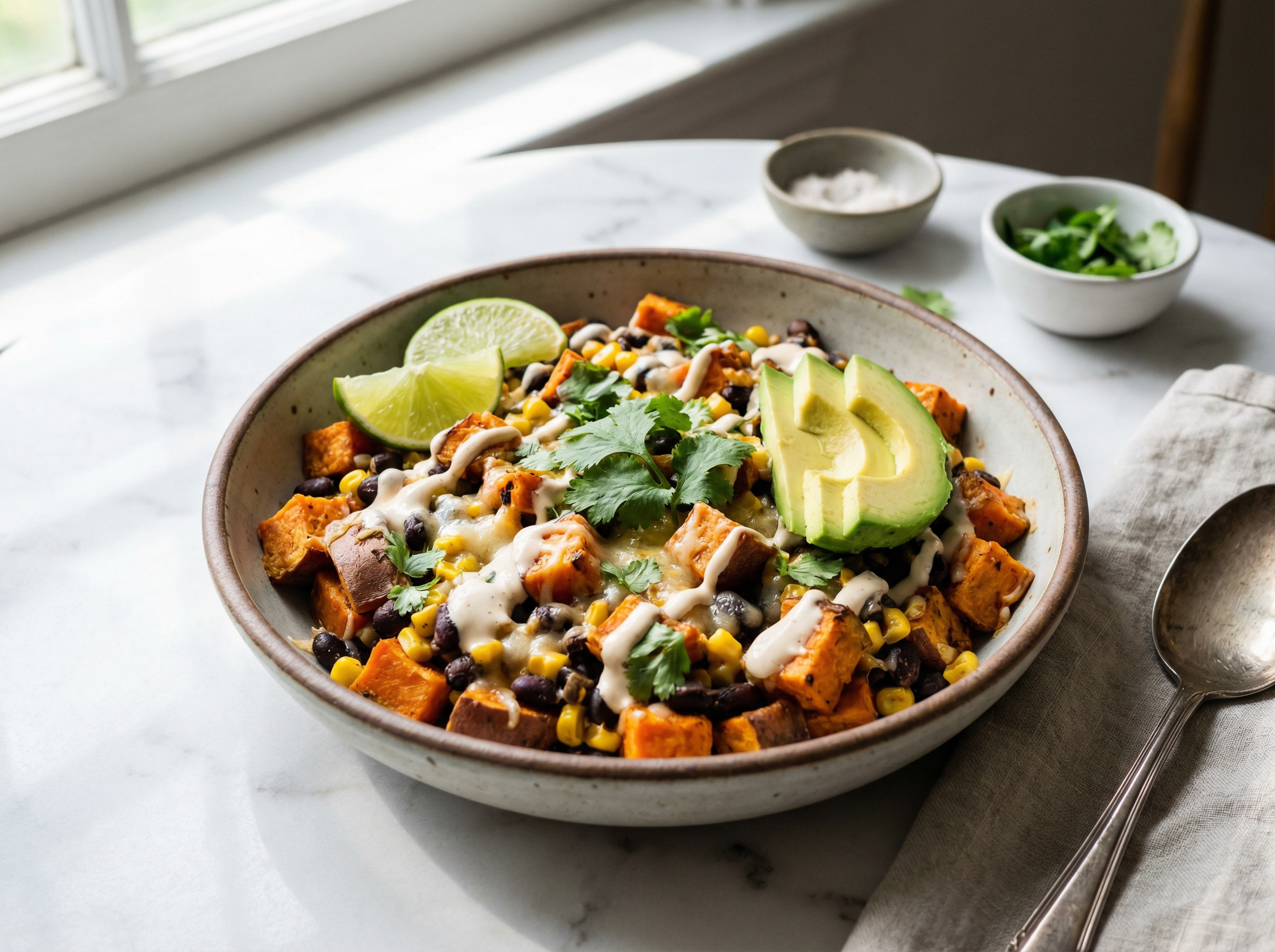 Black Bean and Corn Salsa with Baked Sweet Potatoes