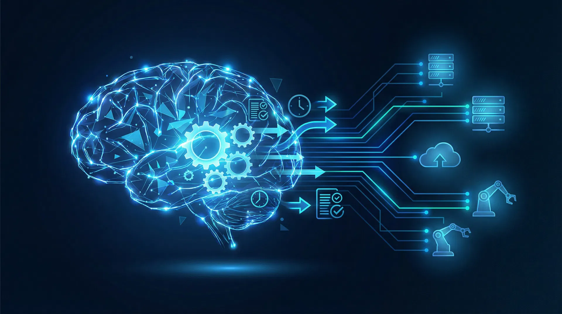 KI-Gehirn mit Zahnrädern und Workflows – KI-Manager Visualisierung