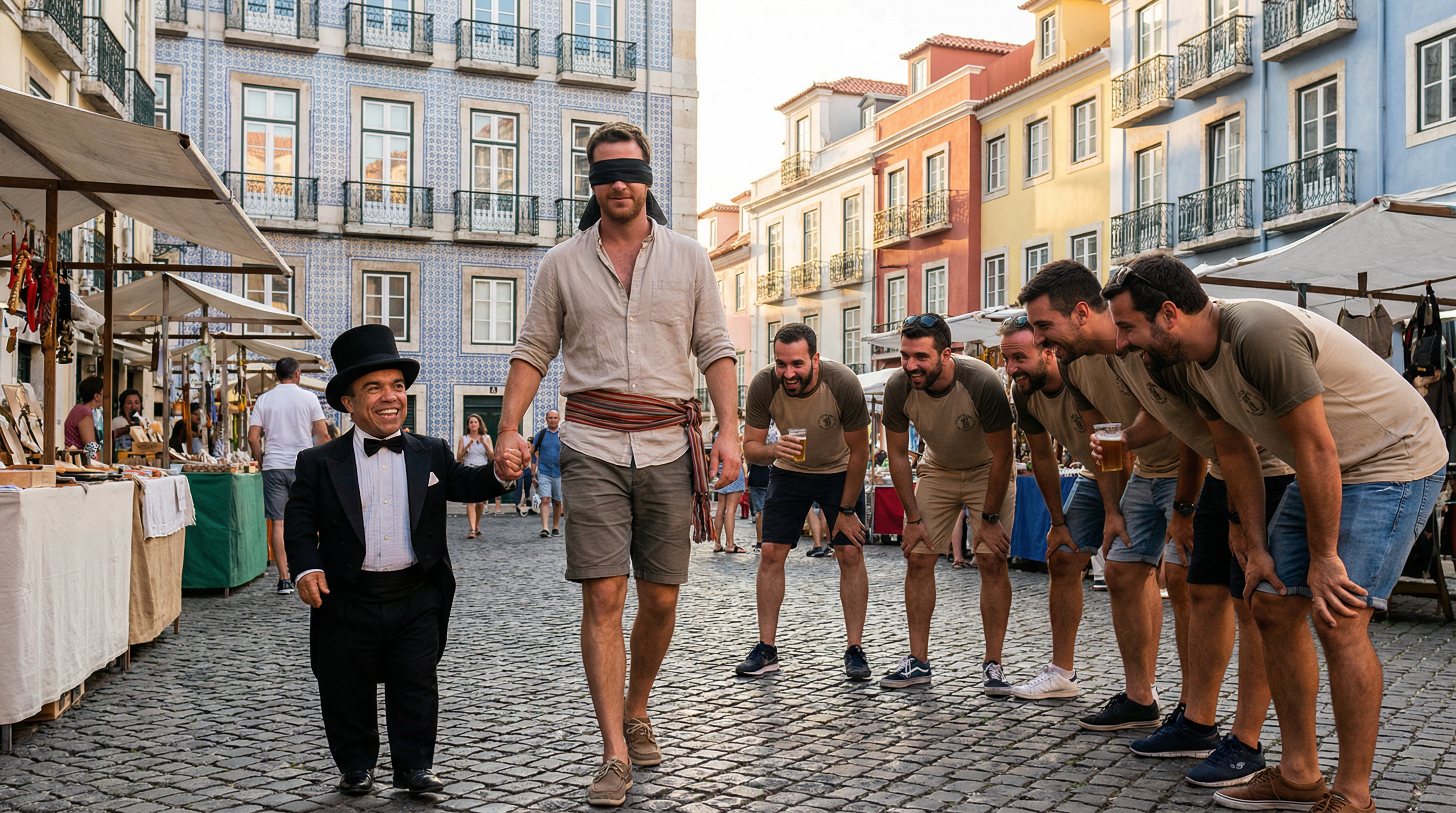 Dwarf entertainer leading a blindfolded groom through a Lisbon street market while friends laugh