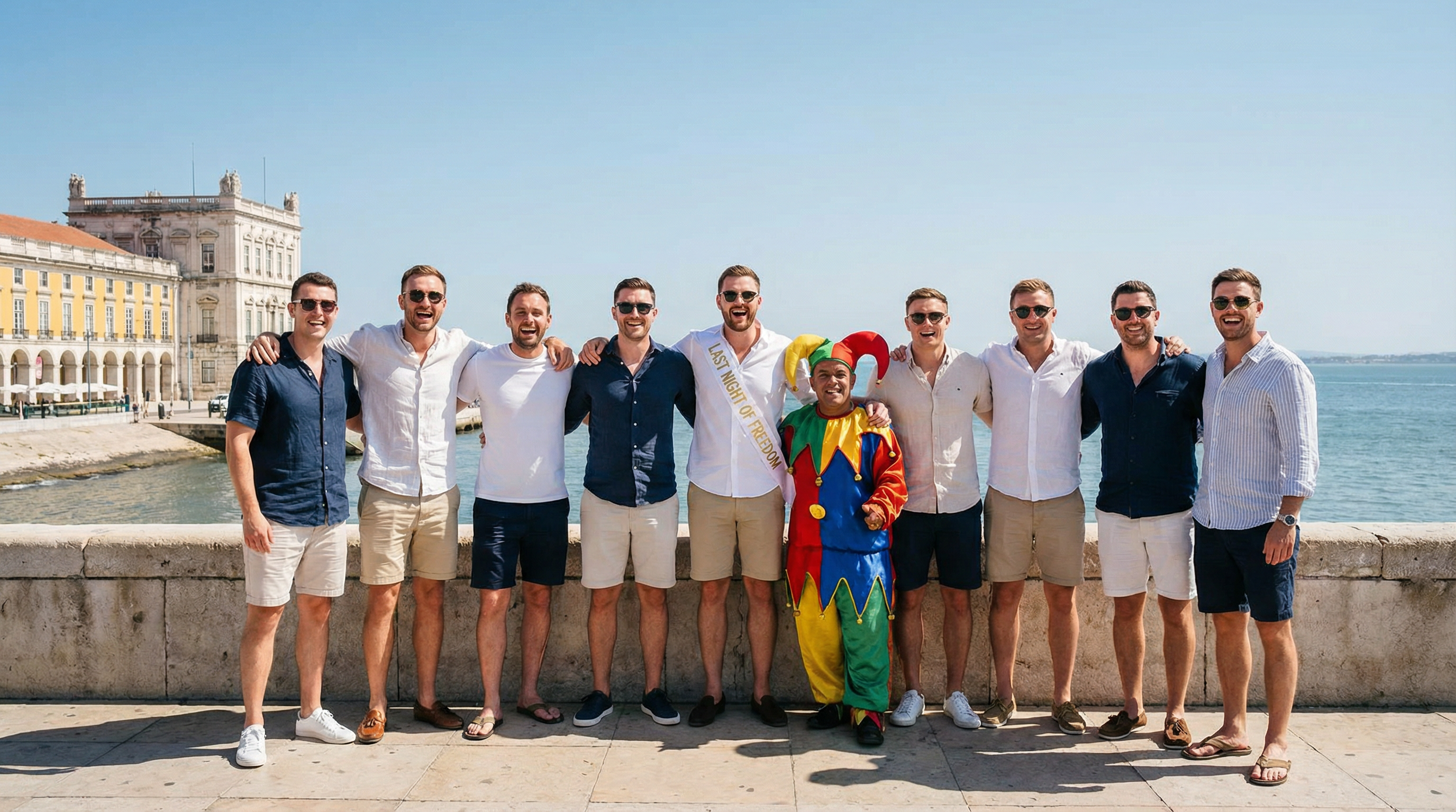 Stag group posing with a professional dwarf entertainer in costume in Lisbon