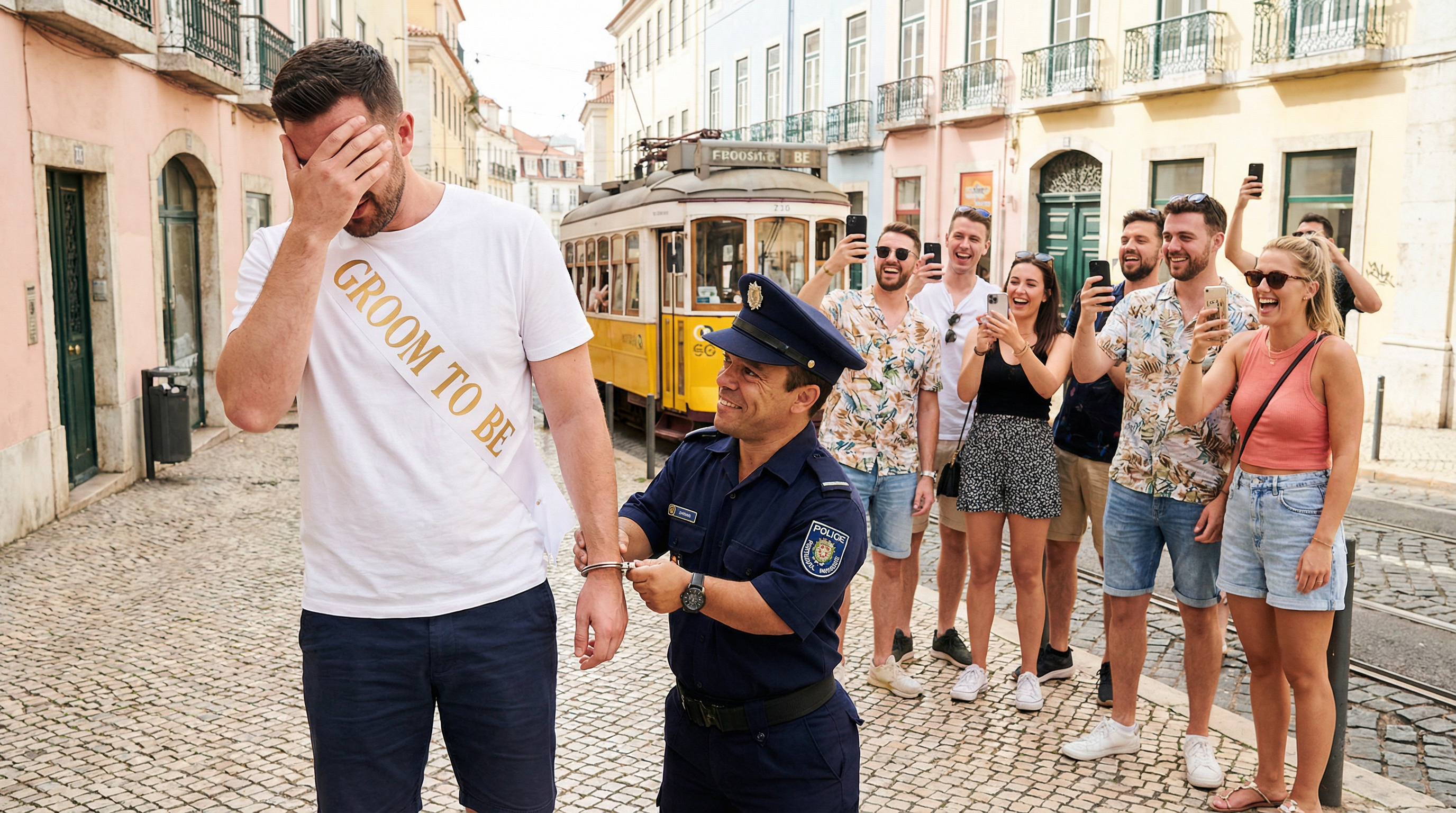 Professional dwarf entertainer in police uniform 'arresting' the groom on a Lisbon stag do