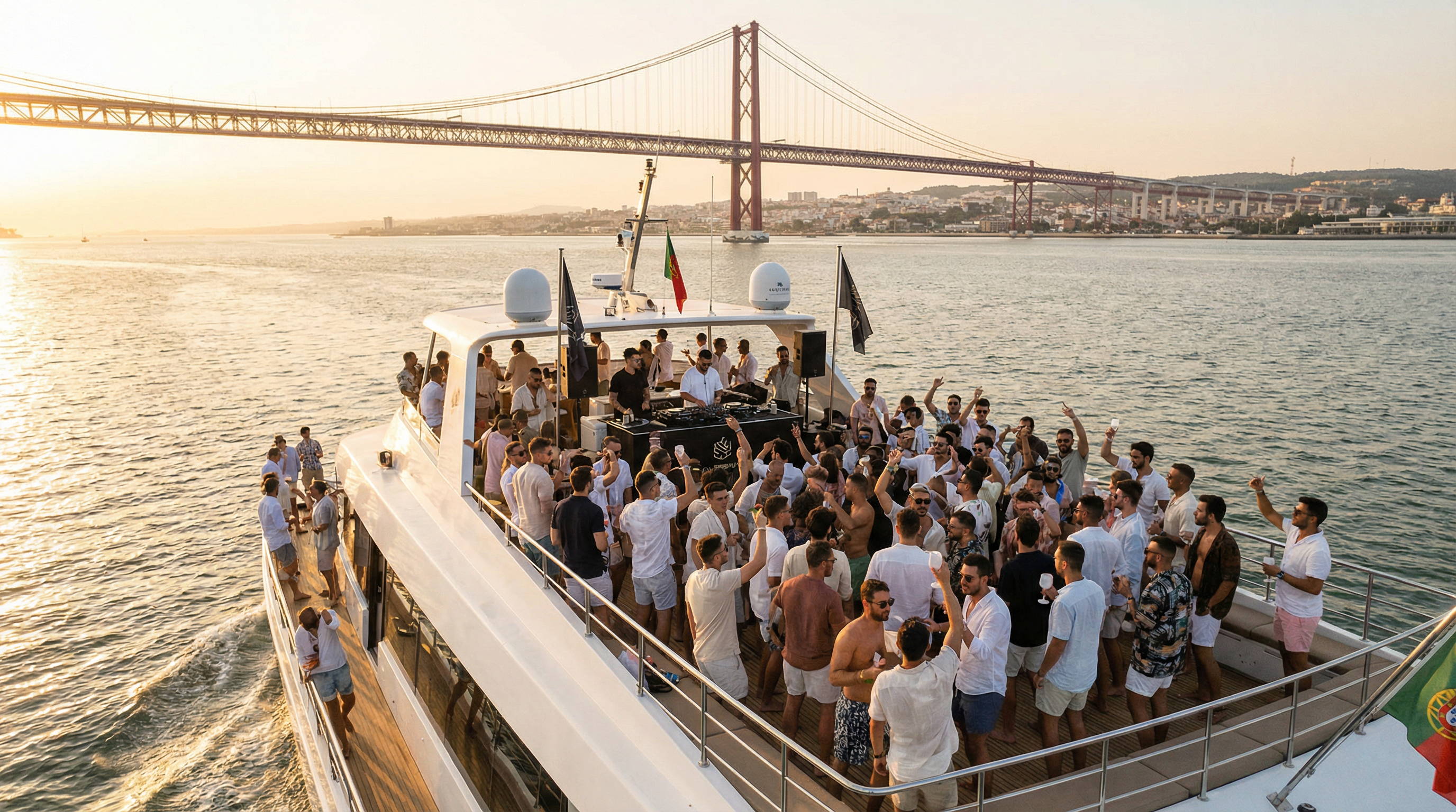 Premium private yacht boat party on the Tagus River for Lisbon stag do near 25 de Abril Bridge at sunset