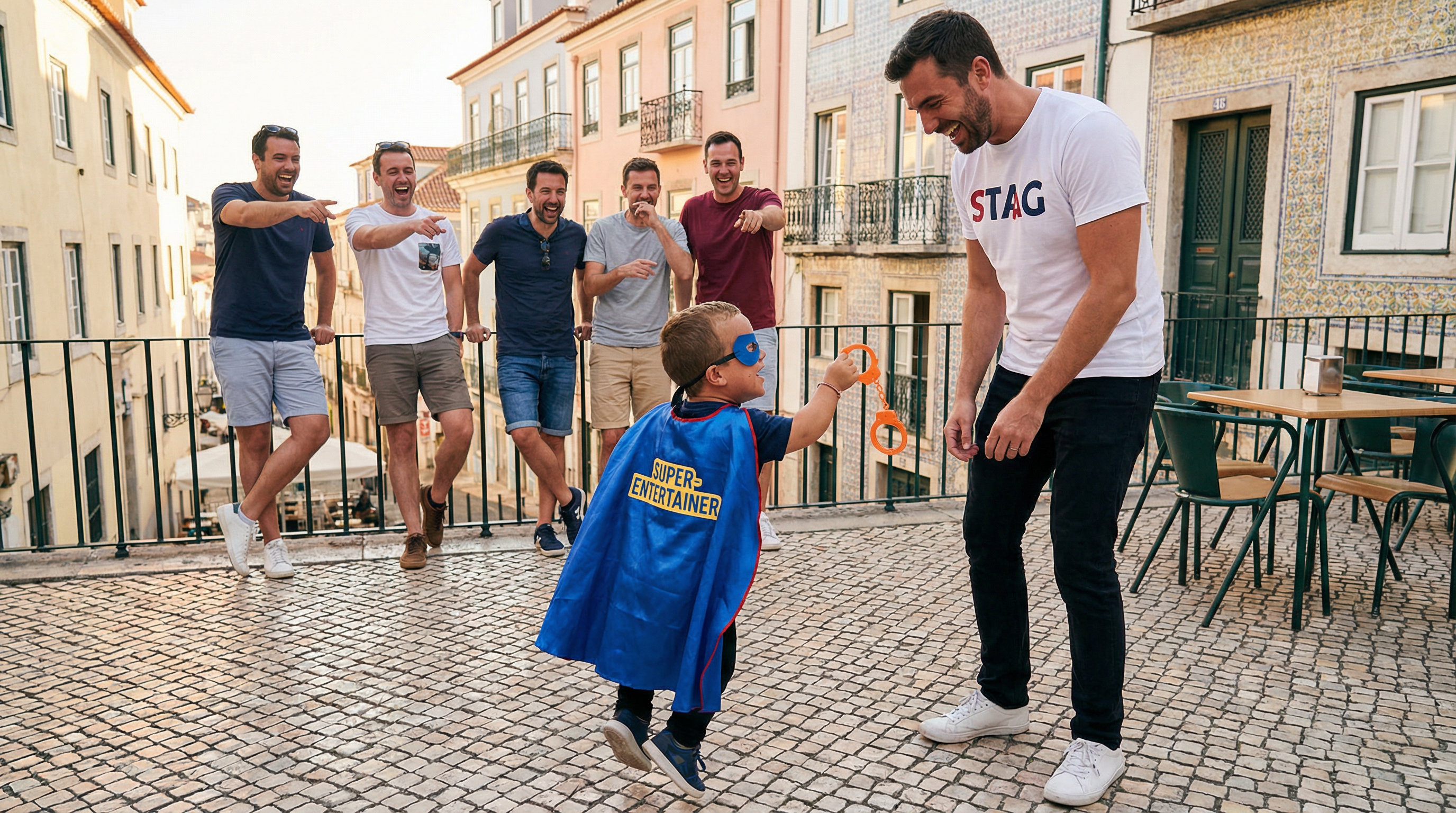 Dwarf entertainer in superhero costume handcuffing a tall groom during a Lisbon stag prank