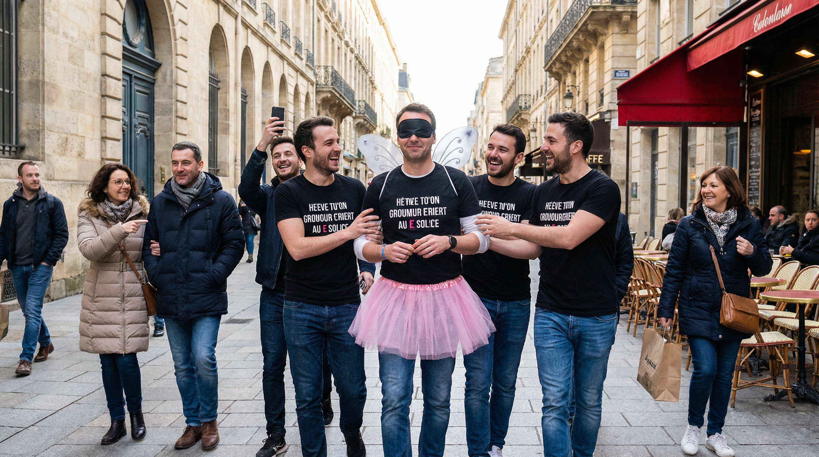 Groom in a tutu and fairy wings being pranked by his mates in a Lisbon street
