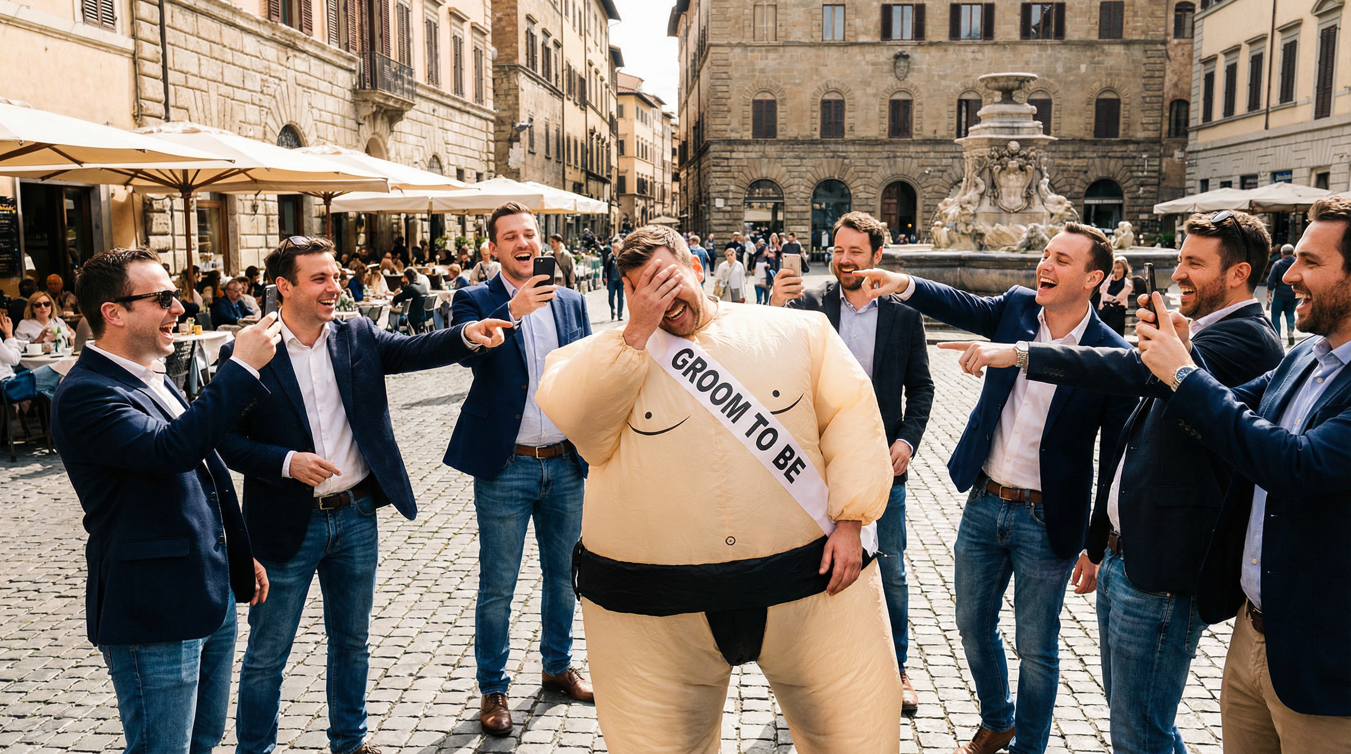 Groom in ridiculous sumo suit being embarrassed by his mates on a Lisbon stag do