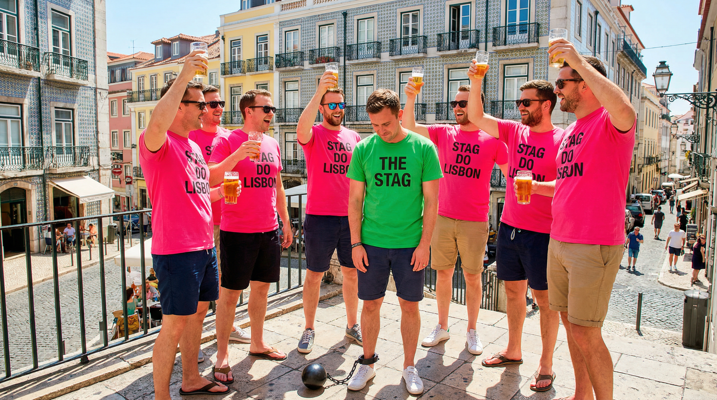 Stag group in matching pink t-shirts with the groom singled out in green on a Lisbon terrace