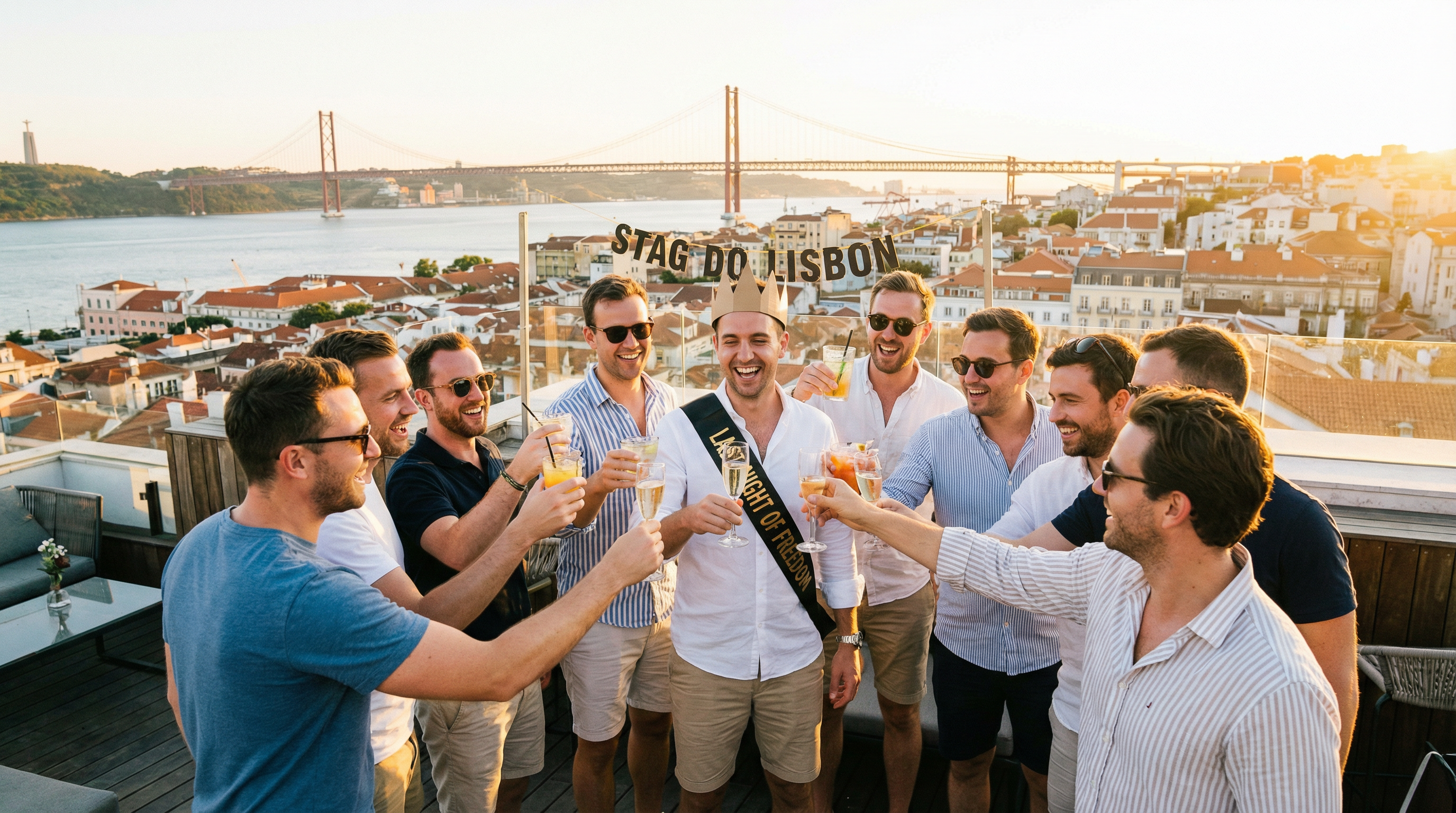 Stag group celebrating at a premium Lisbon rooftop bar with the groom in a crown and sash