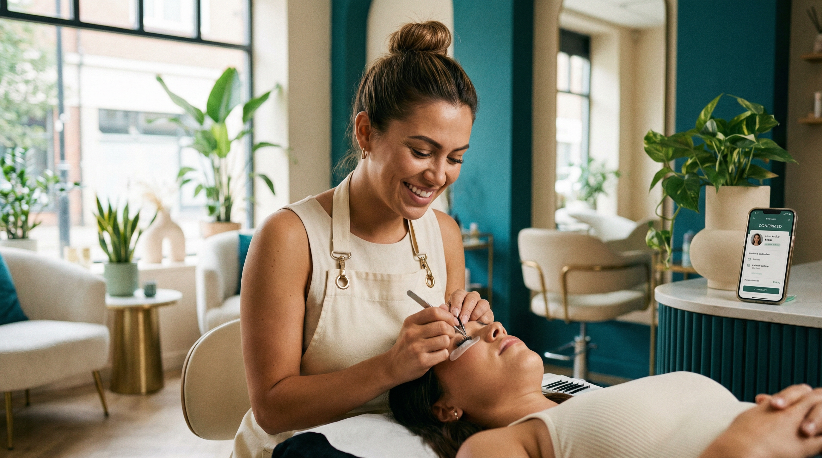 Happy lash technician working with a client while BookingBot handles bookings