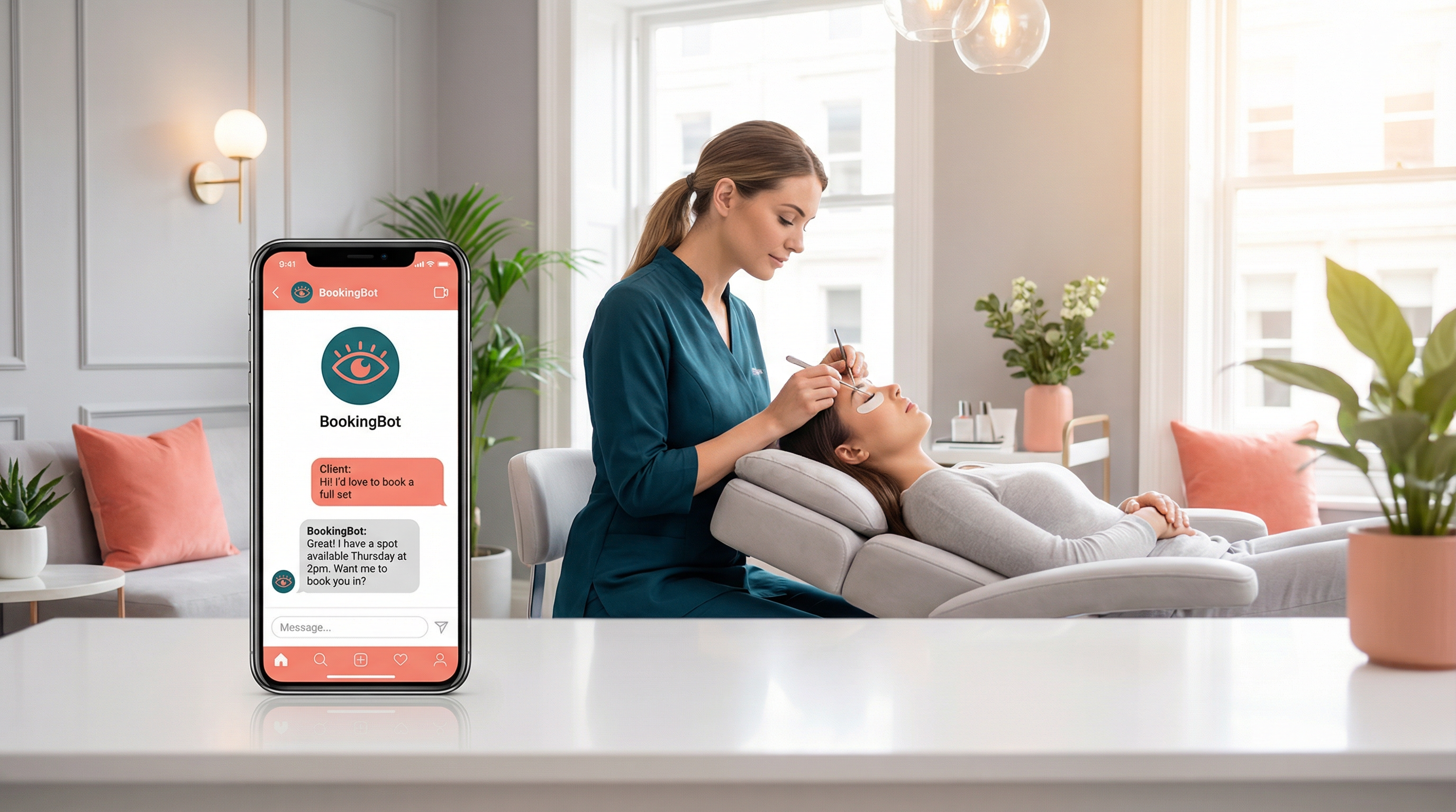 BookingBot in action — AI booking assistant handling Instagram DMs while lash tech works