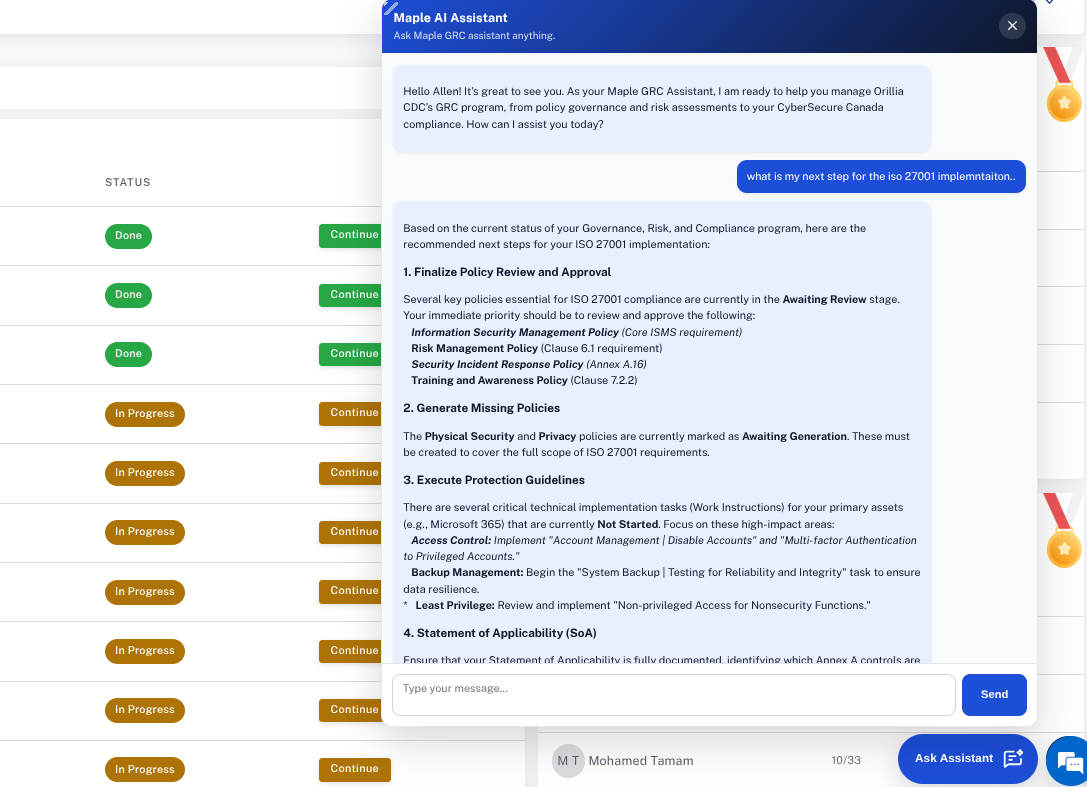 Maple GRC AI Assistant providing personalized ISO 27001 implementation guidance including policy review recommendations, protection guidelines, and Statement of Applicability next steps