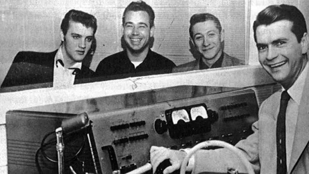 Elvis with Sam Phillips, Scotty Moore, and Bill Black at Sun Studio