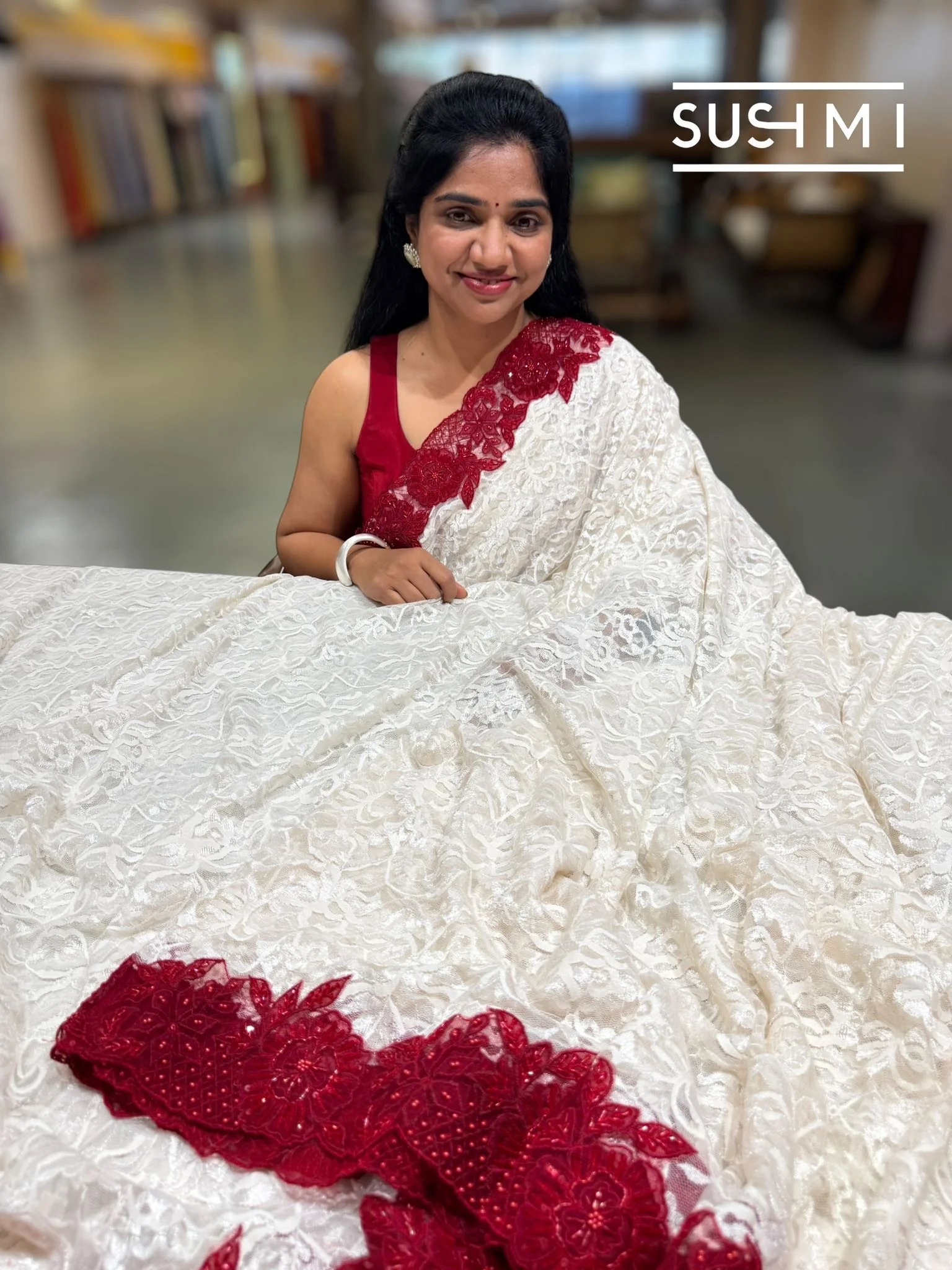 Designer Chantilly Lace Saree with Maroon Handwork Borders