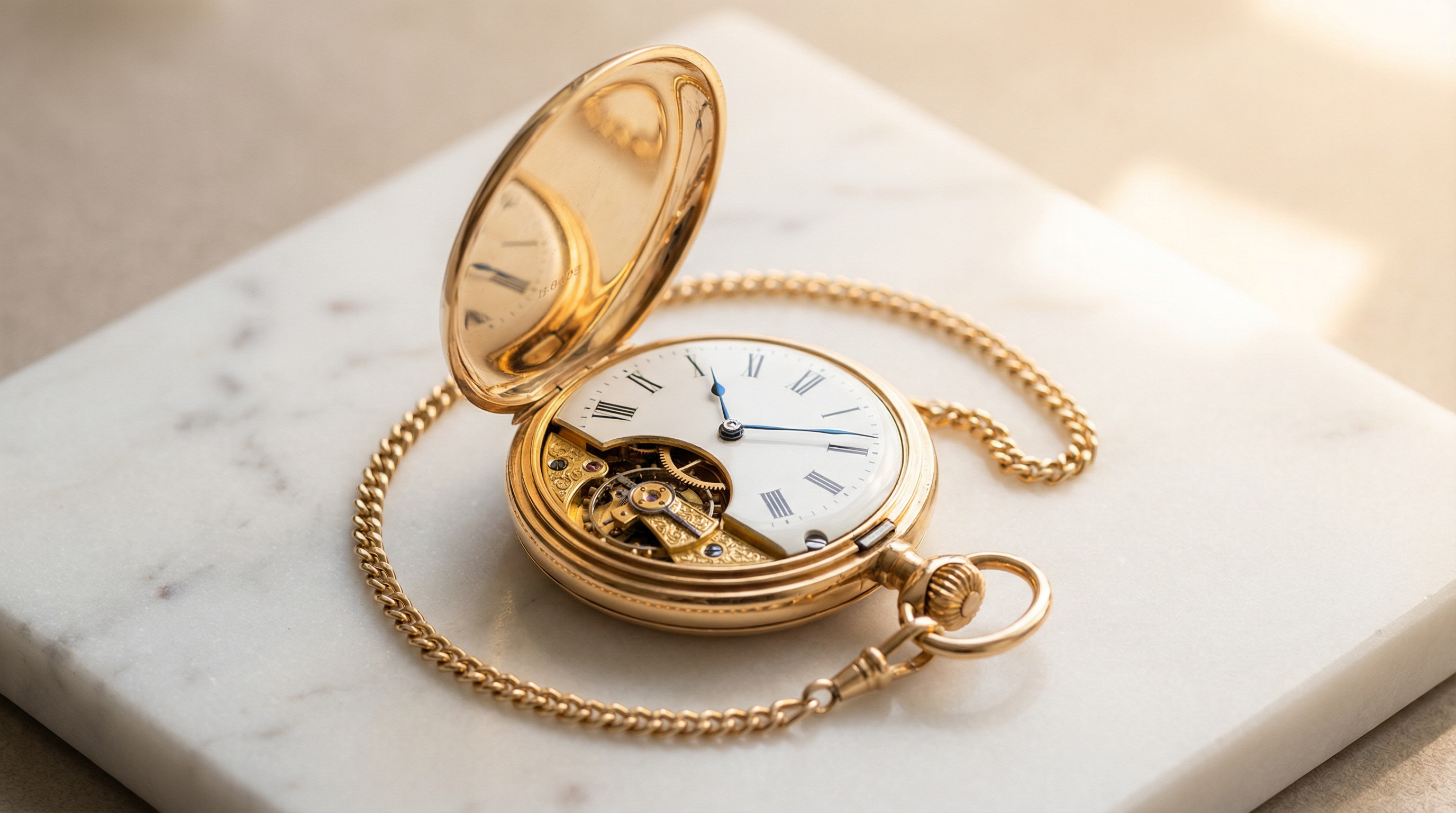 Open gold pocket watch with white enamel dial and gold chain on white marble — pocket watch gold plating Sydney
