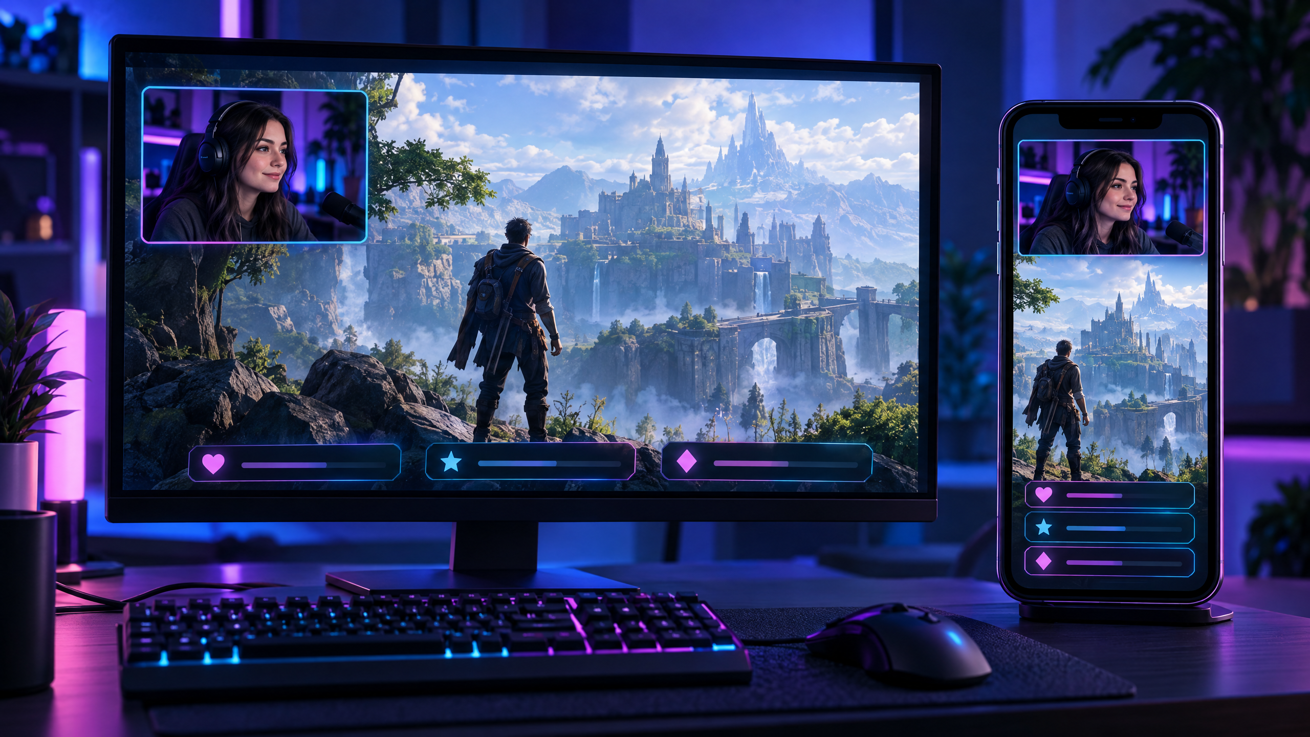 La misma escena gamer ajustada para un monitor horizontal y una vista vertical móvil.