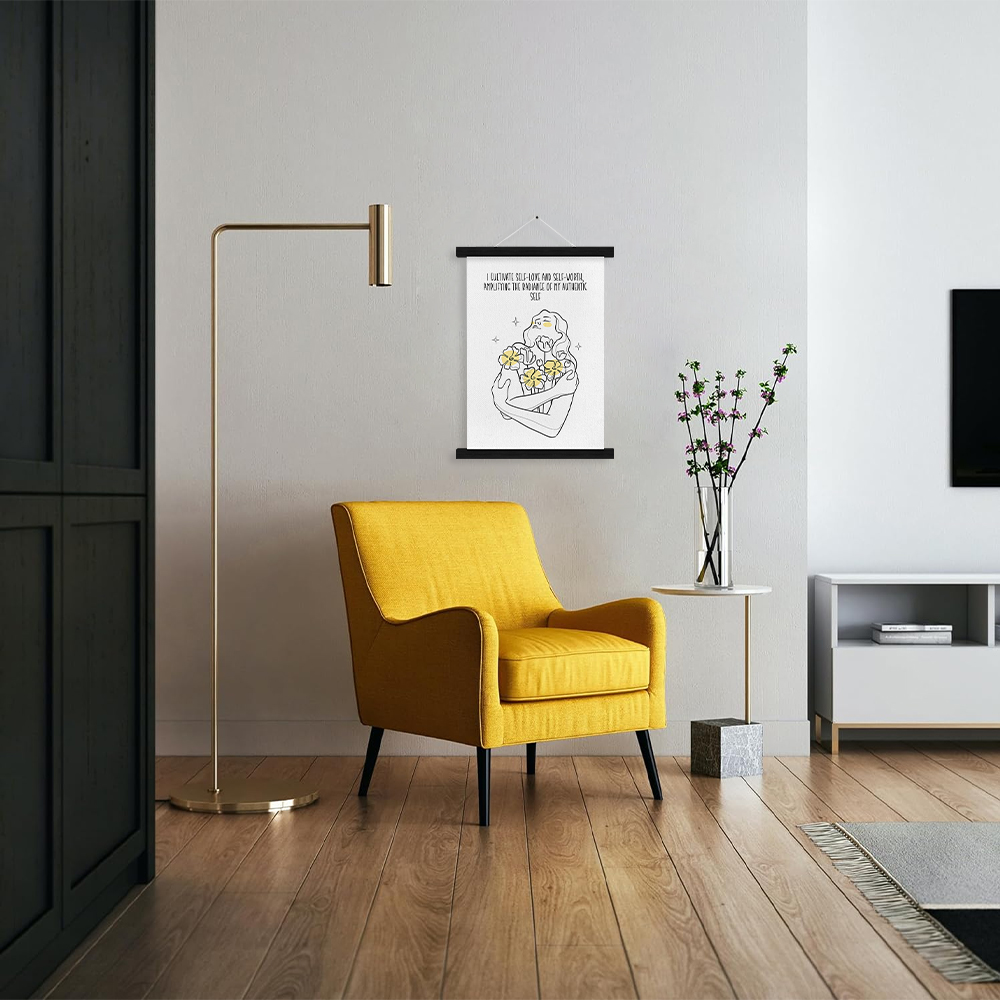 Affirmation art print in a peaceful bedroom setting with natural light