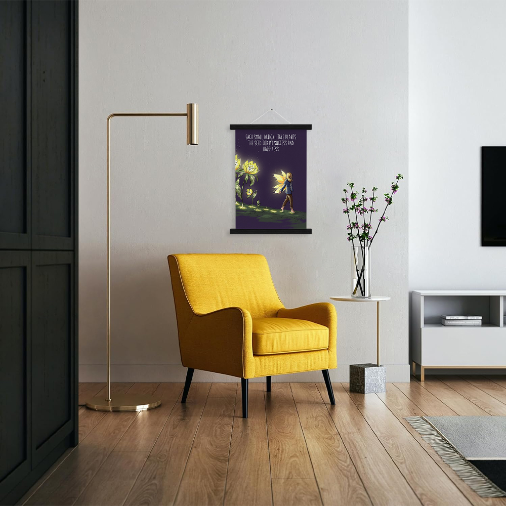 A peaceful meditation space with affirmation art on the walls, natural light, and warm earth tones