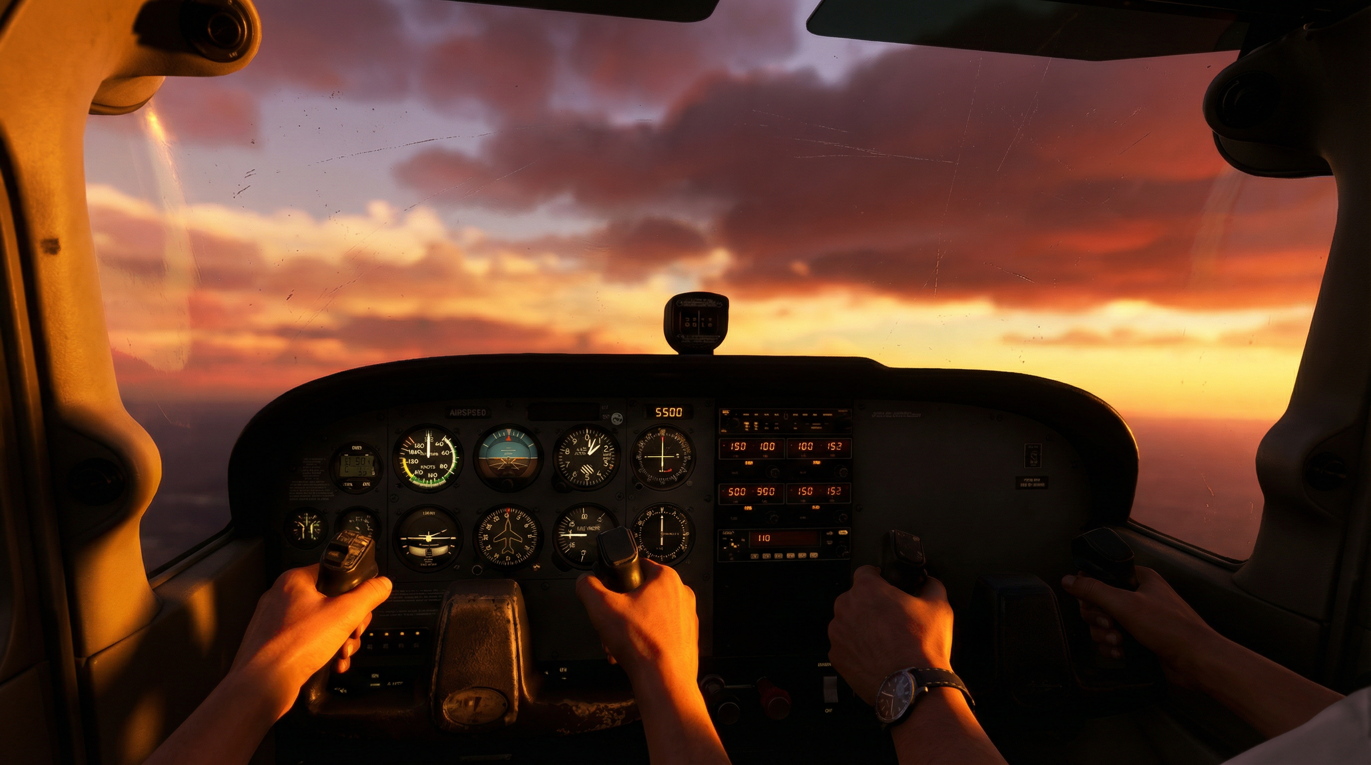 Cockpit view of a Cessna 172 at sunset, hands on the controls over San Diego