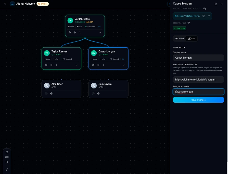 TreeTracker tree view with member edit panel open