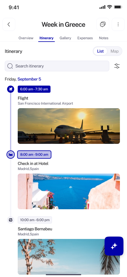 Frienzy interactive itinerary screen
