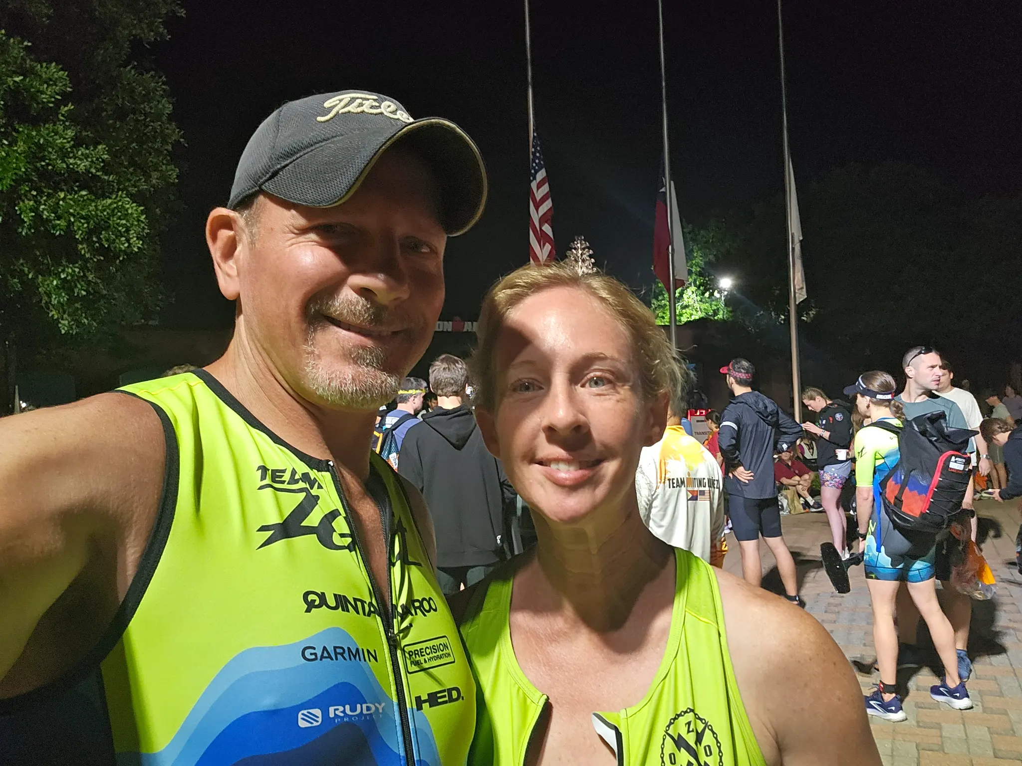 Jay and Michelle post-race selfie in matching Zoot kits — Ironman Texas
