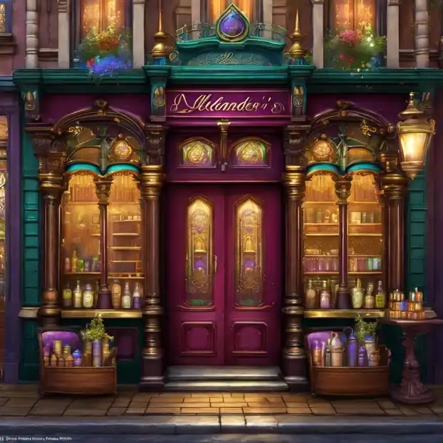 The ornate frontage of Mr Alexander's Magic Emporium, with jewel-toned display windows and a grand entrance