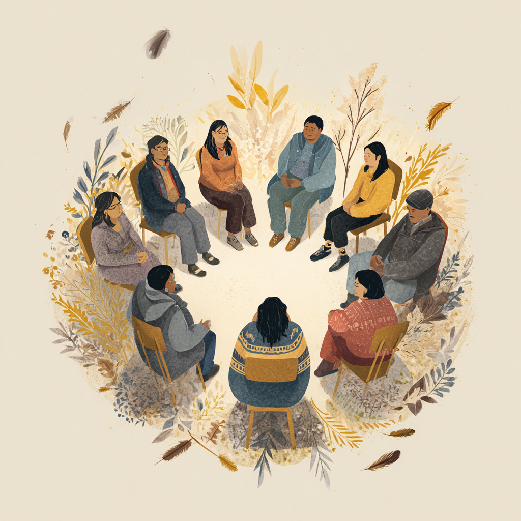 Illustration of Indigenous facilitators sitting in a circle surrounded by plants and feathers