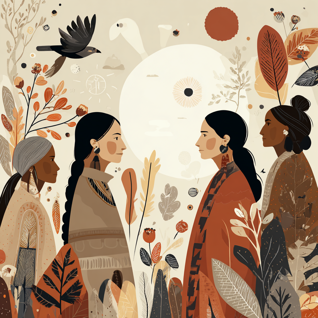Illustration of Indigenous community members in conversation surrounded by plants and birds