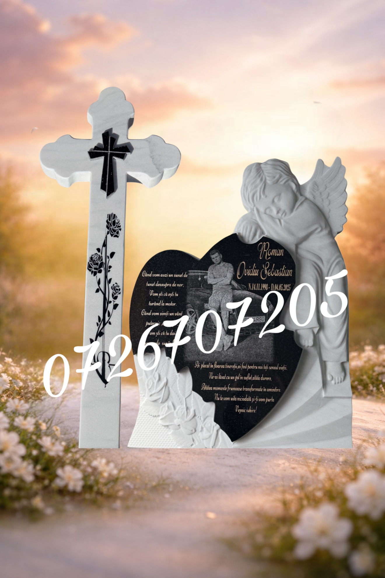 Monument cu doi îngeri din marmură și cruce