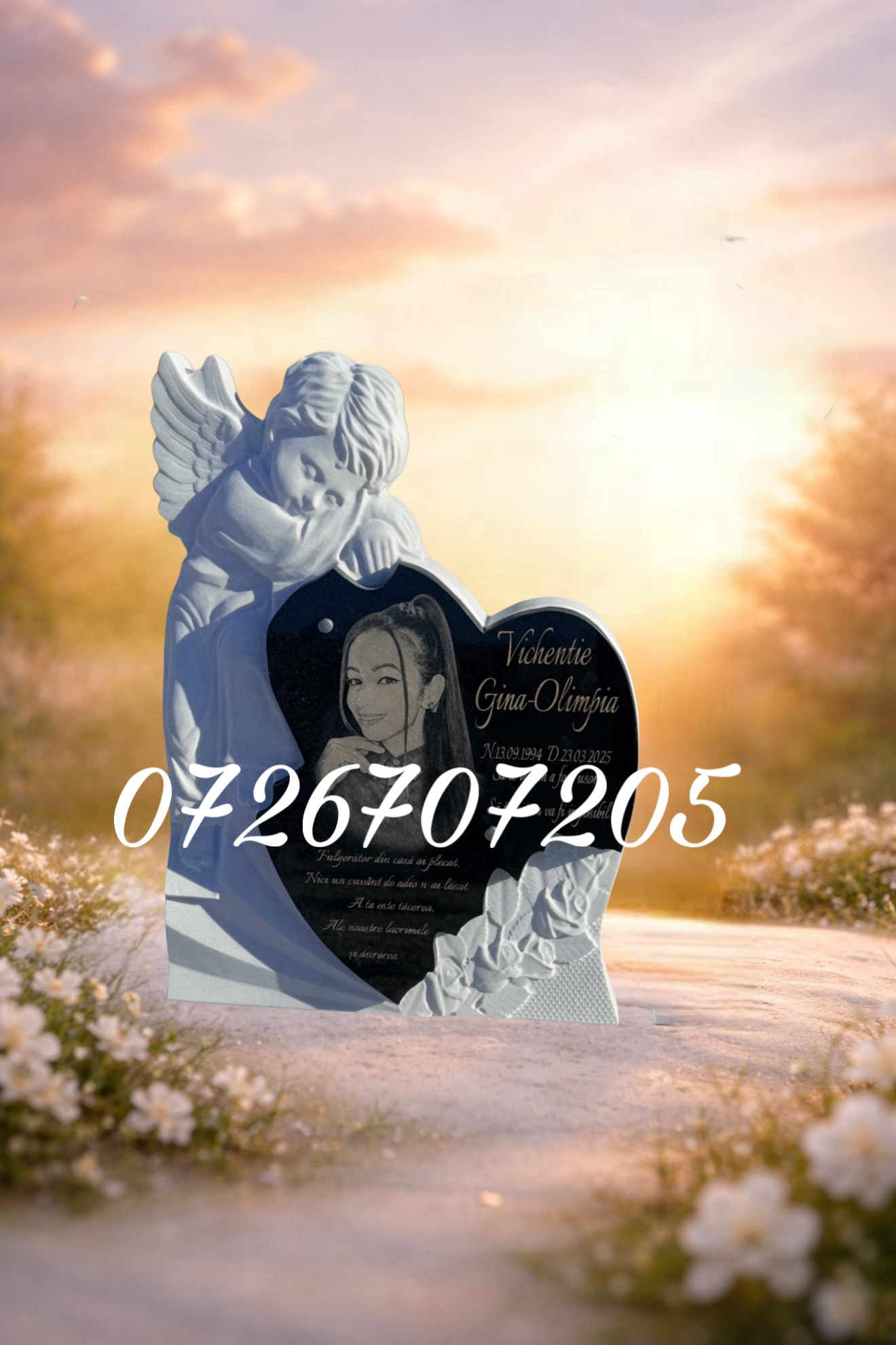 Înger din marmură cu placă de granit