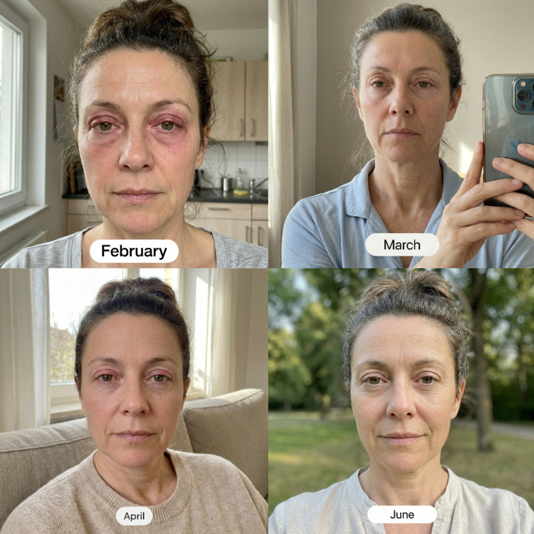 Week 1 to Week 12 progress — blonde woman eyelid eczema recovery