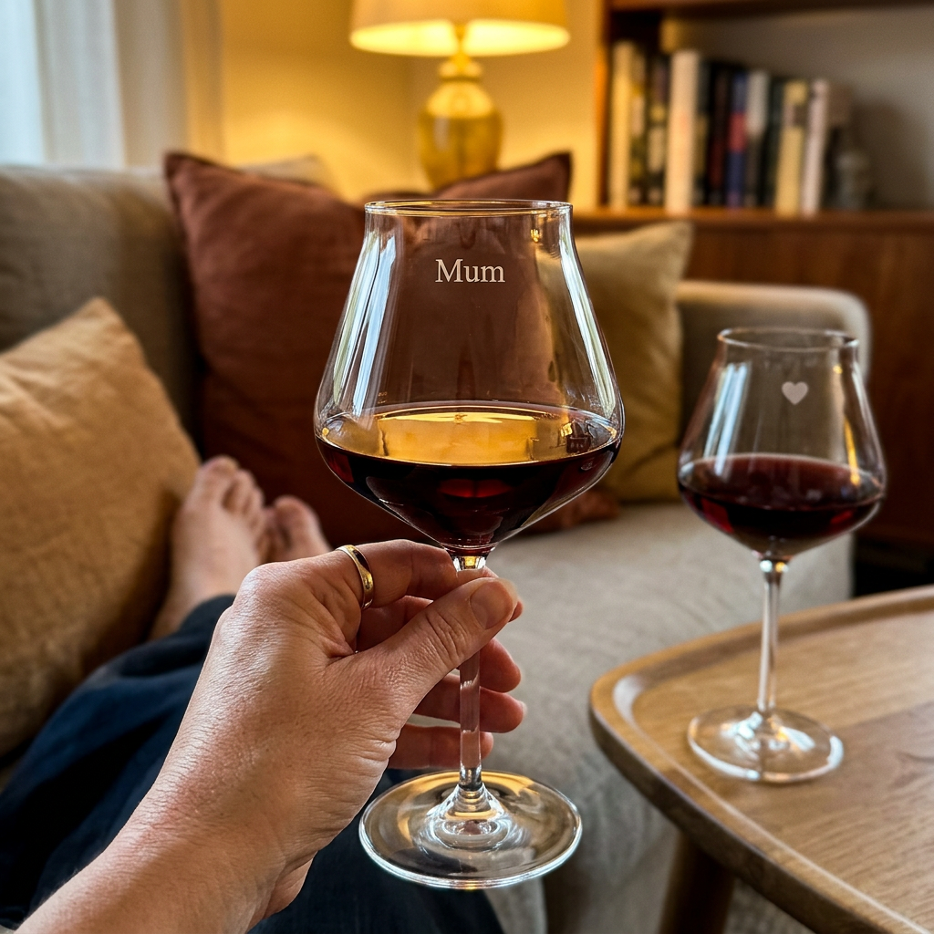 Hand holding a crystal wine glass engraved with 'Mum', second heart-engraved glass on a side table