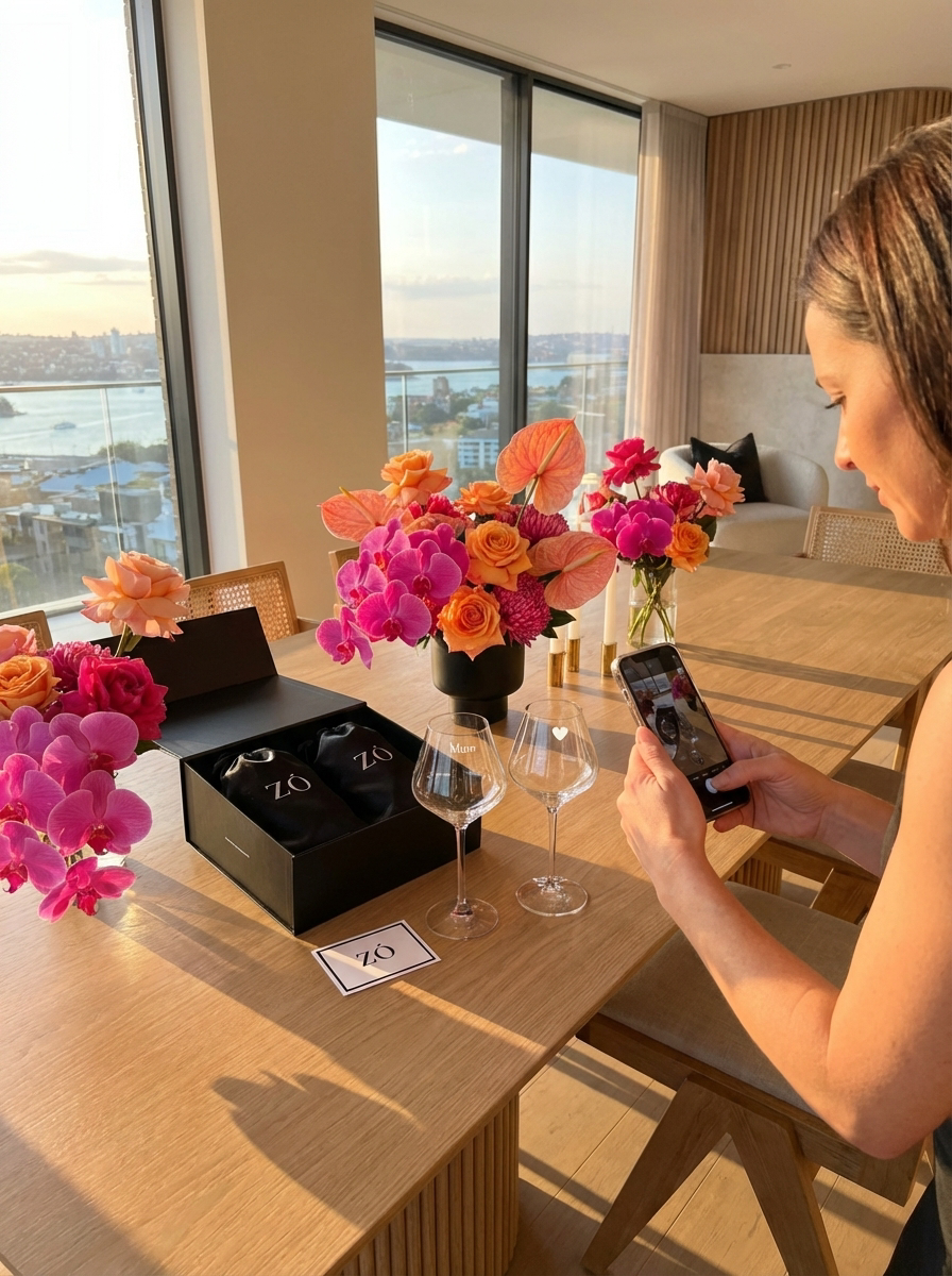 Elegant black gift box with two crystal wine glasses, one engraved with 'Mum'