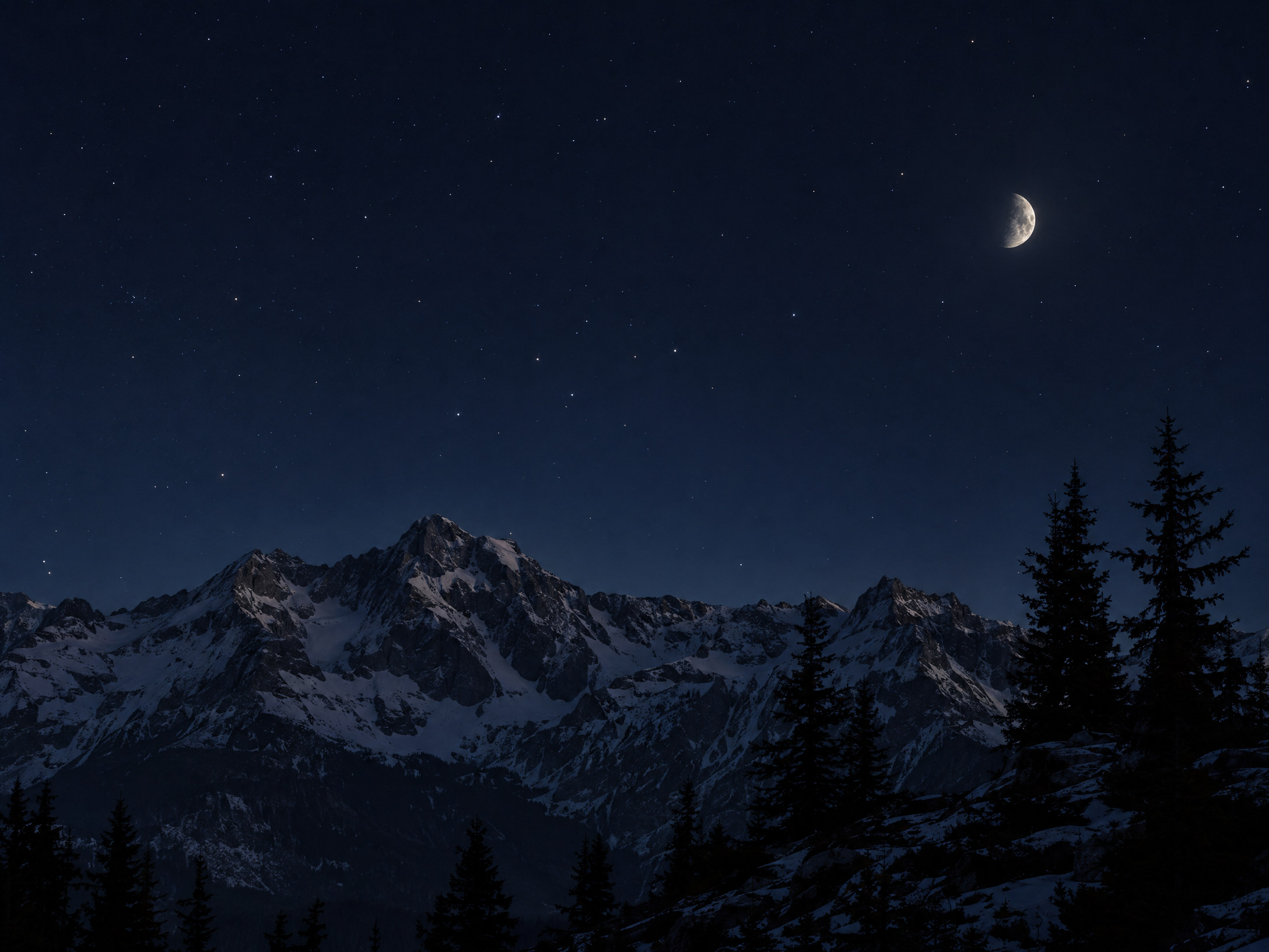 Mond über einer dunklen Bergsilhouette und Nadelbäumen