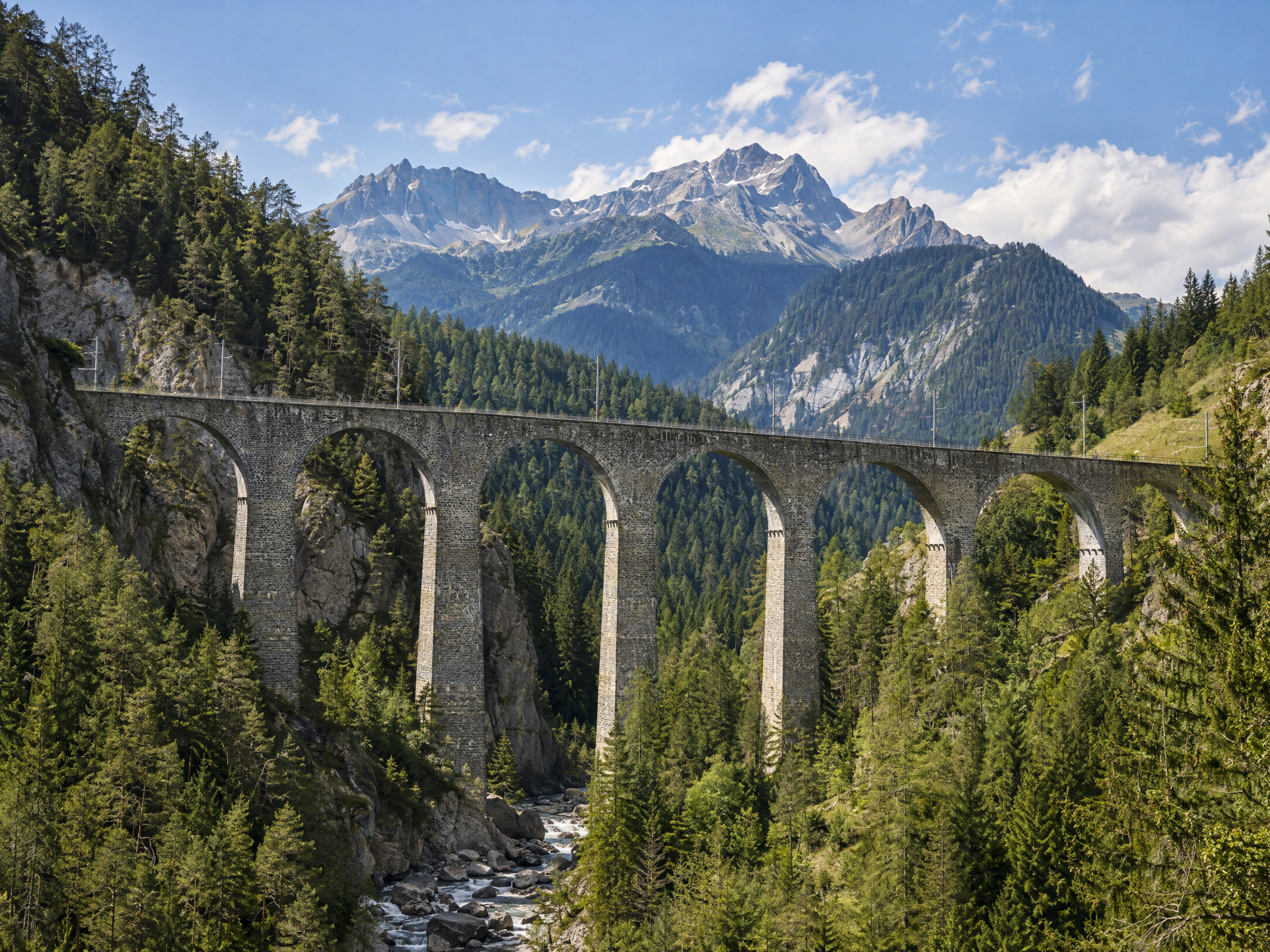 Steinerne Bogenbrücke über einem bewaldeten Tal